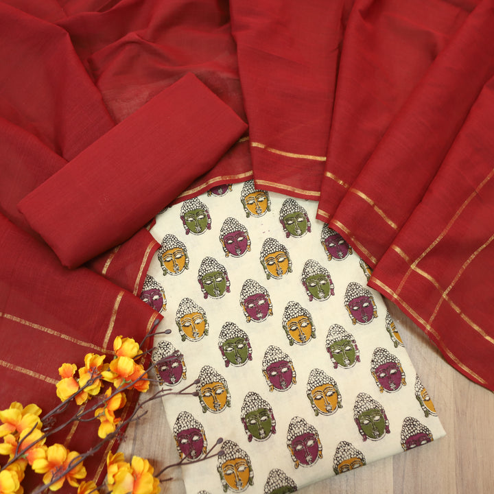 Vashudhara Beige All Over Colorful Kalamkari Printed Work South Cotton Set