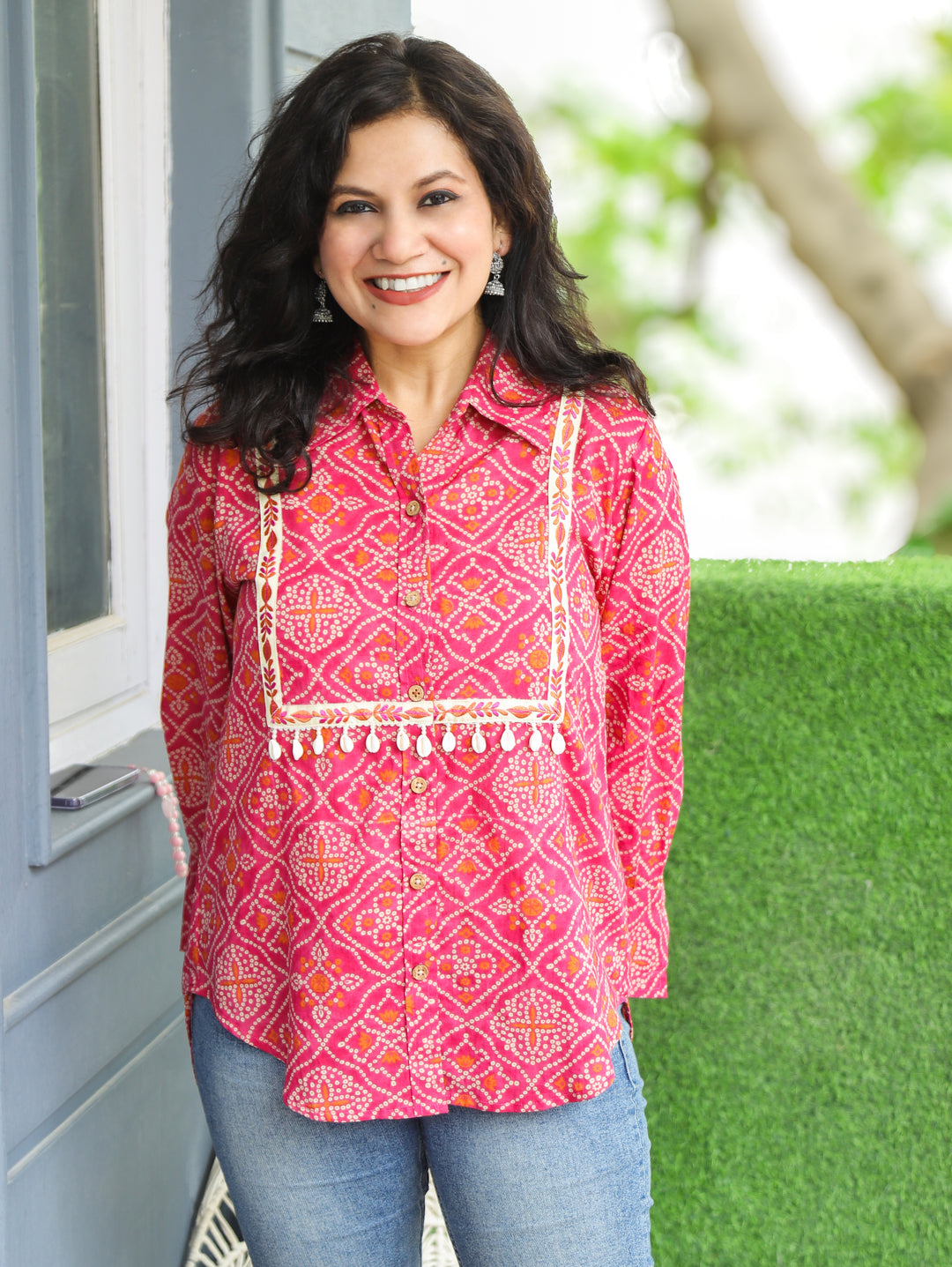Leher Magenta Pink Shell Work Bandhani Print Shirt