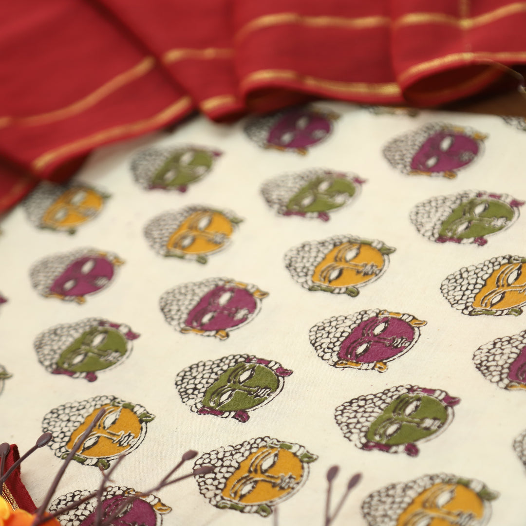 Vashudhara Beige All Over Colorful Kalamkari Printed Work South Cotton Set