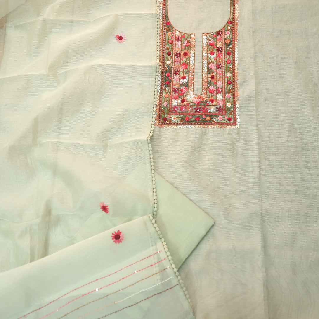 Mahi Pista Green All Over Thread Embroidered Neck Kota Doriya Net Suit Set