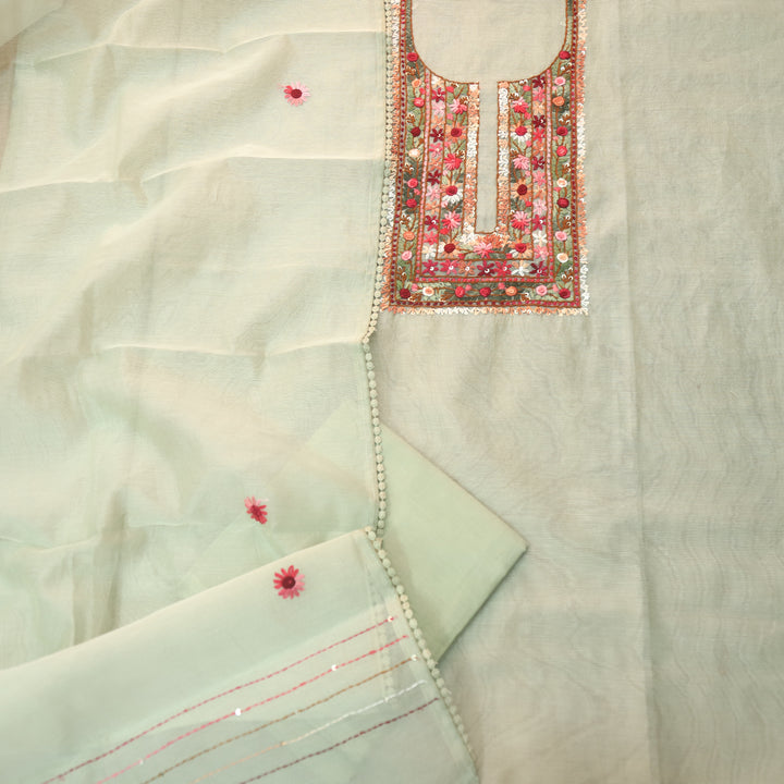 Mahi Pista Green All Over Thread Embroidered Neck Kota Doriya Net Suit Set