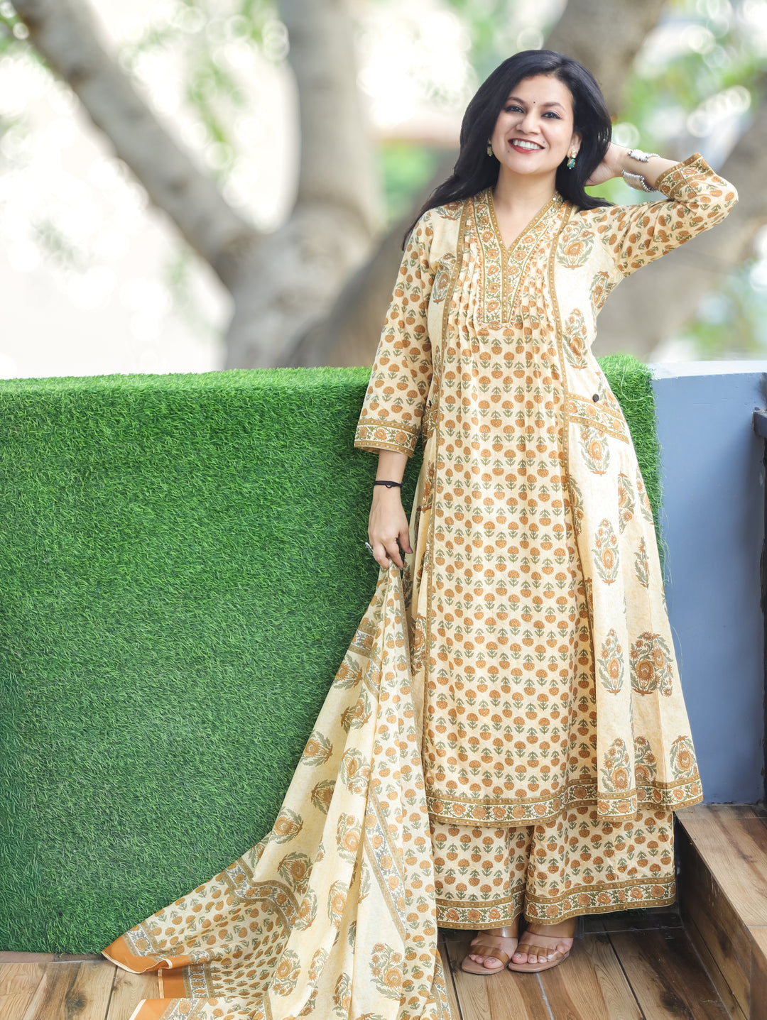 Bella Mustard Yellow Anarkali Cotton 3 Piece Set