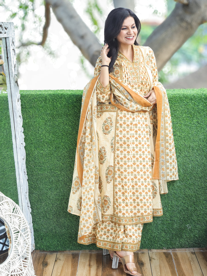 Bella Mustard Yellow Anarkali Cotton 3 Piece Set