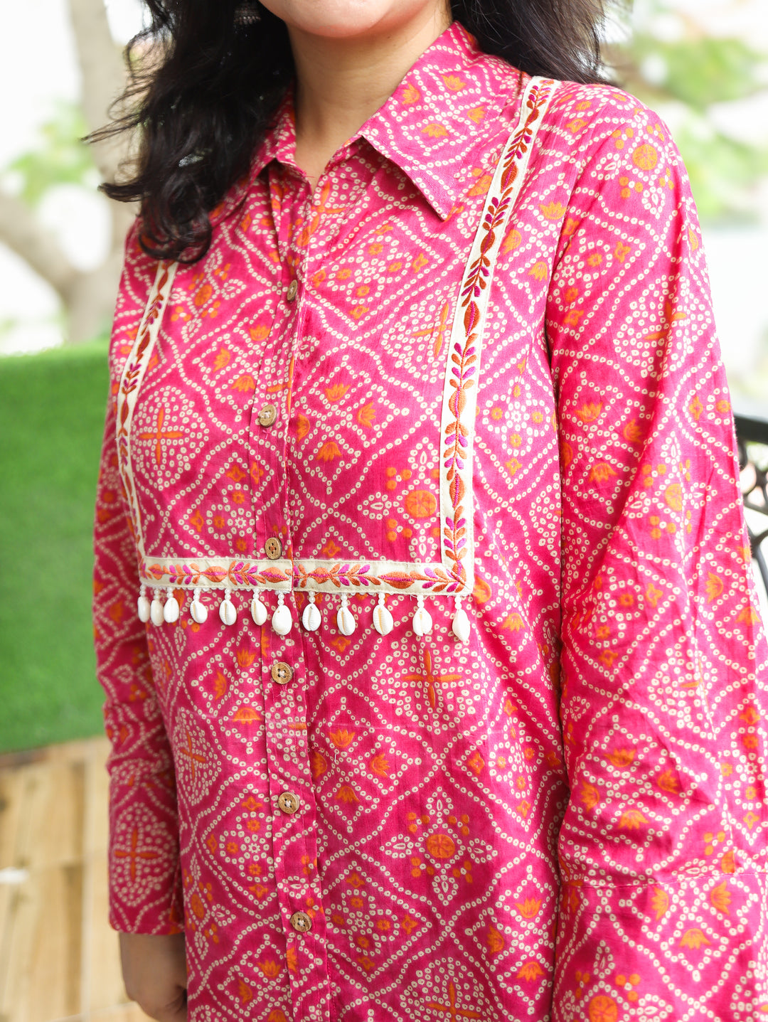 Leher Magenta Pink Shell Work Bandhani Print Shirt