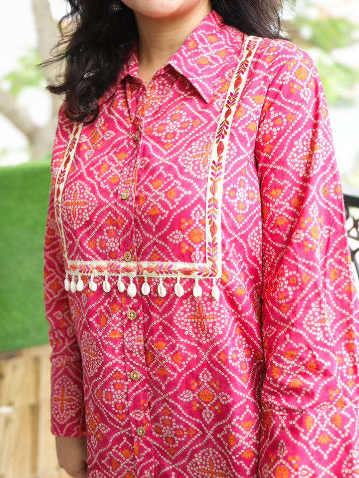 Leher Magenta Pink Shell Work Bandhani Print Shirt