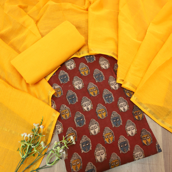 Vashudhara Maroon Red All Over Colorful Kalamkari Printed Work South Cotton Set