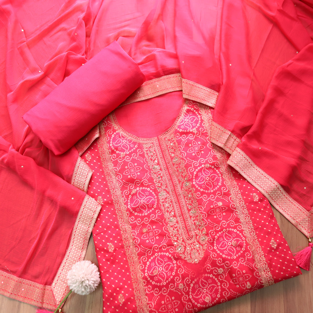 Noorani Rani Pink Zari Weaved Panale Style Bandhai Print Muslin Set