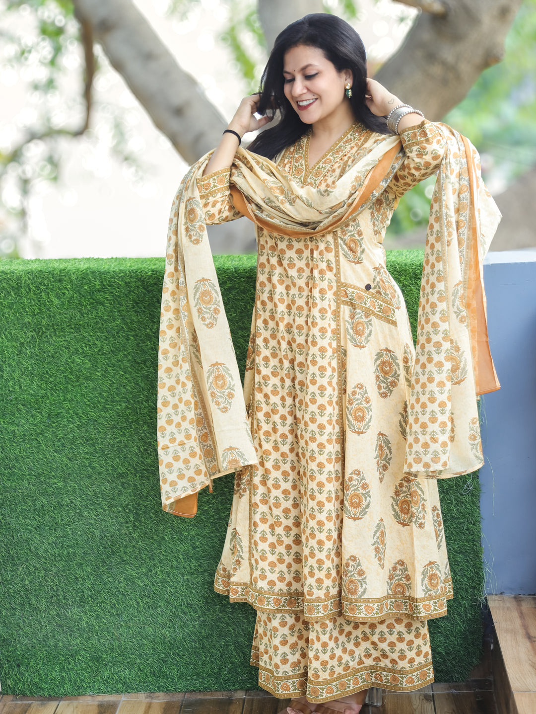 Bella Mustard Yellow Anarkali Cotton 3 Piece Set