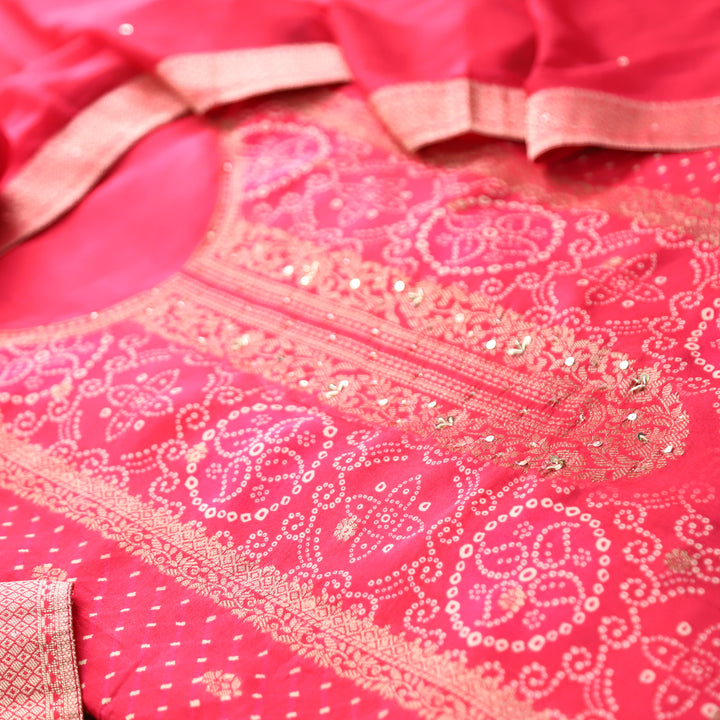 Noorani Rani Pink Zari Weaved Panale Style Bandhai Print Muslin Set