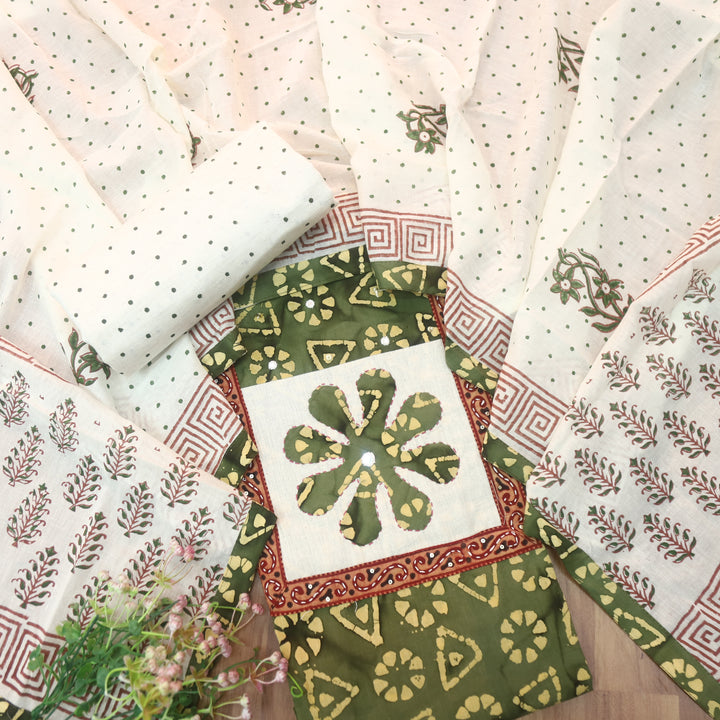 Sargoshi Grass Green Applique Patch in Batik Printed Cotton Suit Set
