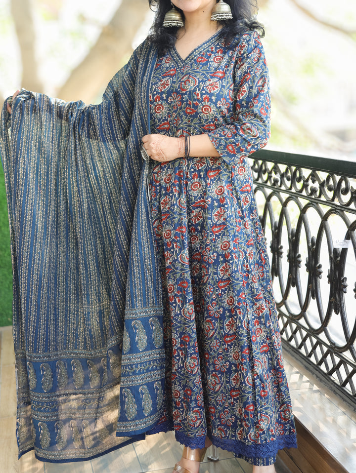 Rohini Navy Blue V Neck Kalamkari Printed Anarkali Cotton 3 Piece Set