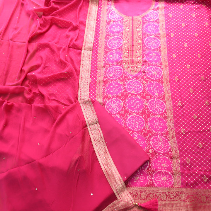 Noorani Magenta Pink Zari Weaved Panale Style Bandhai Print Muslin Set