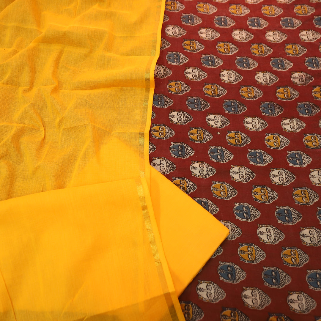 Vashudhara Maroon Red All Over Colorful Kalamkari Printed Work South Cotton Set