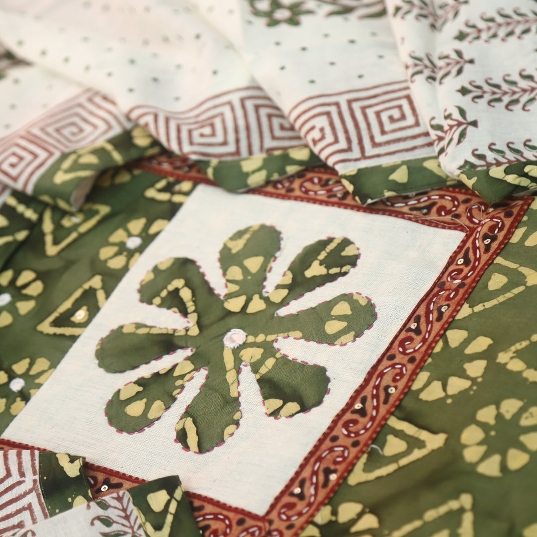 Sargoshi Grass Green Applique Patch in Batik Printed Cotton Suit Set