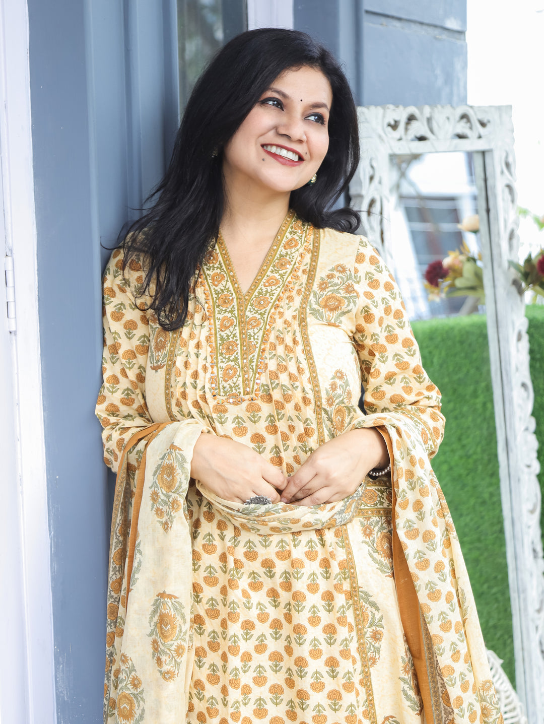 Bella Mustard Yellow Anarkali Cotton 3 Piece Set