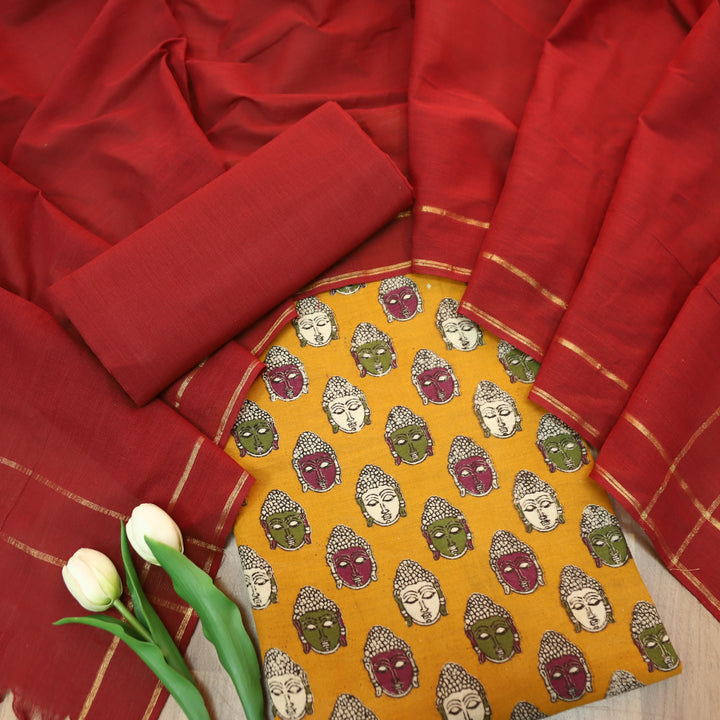 Vashudhara Dijon Yellow All Over Colorful Kalamkari Printed Work South Cotton Set