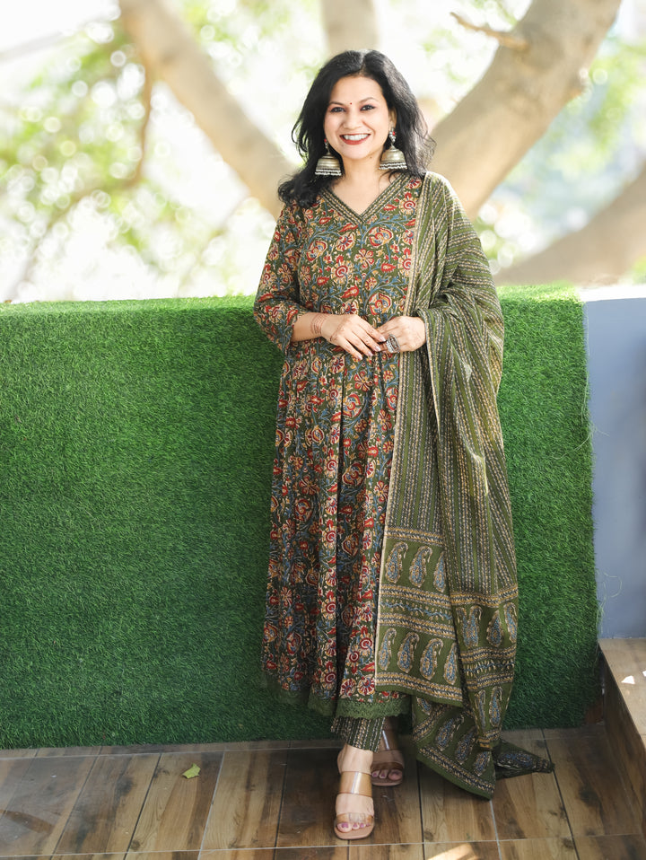 Rohini Grass Green V Neck Kalamkari Printed Anarkali Cotton 3 Piece Set