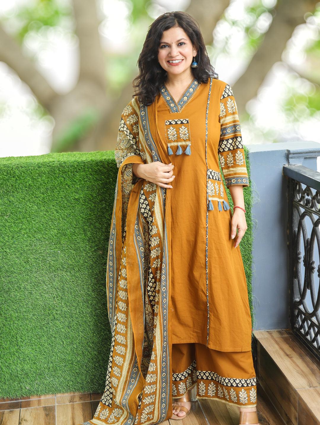 Rakshi Yellow V Neck Panel Style Cotton 3 Piece Set