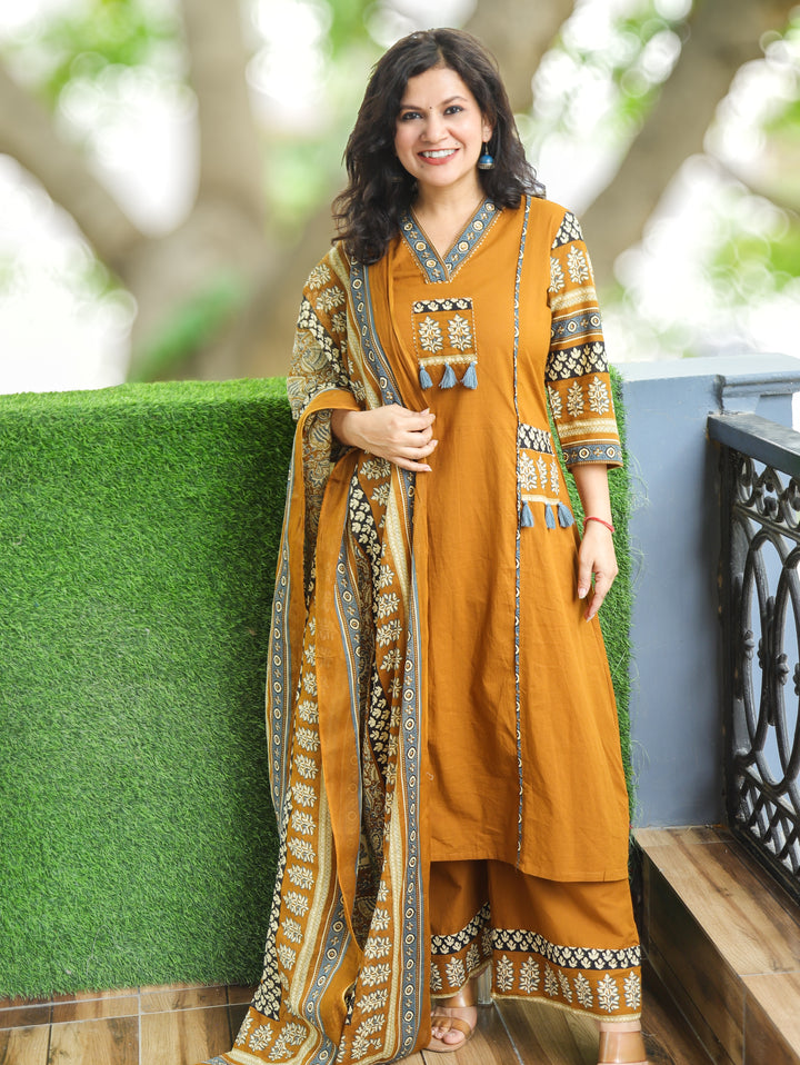 Rakshi Yellow V Neck Panel Style Cotton 3 Piece Set