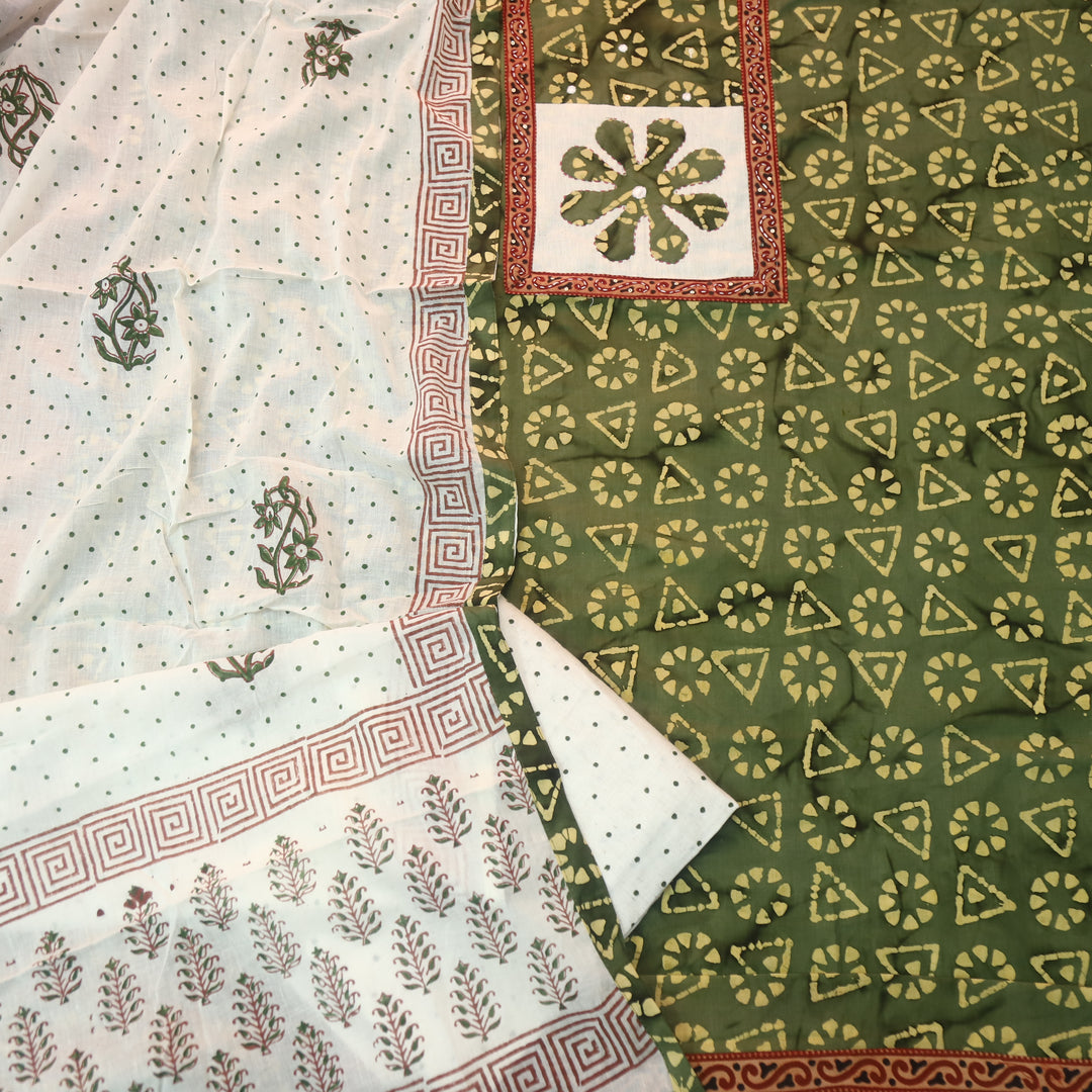 Sargoshi Grass Green Applique Patch in Batik Printed Cotton Suit Set