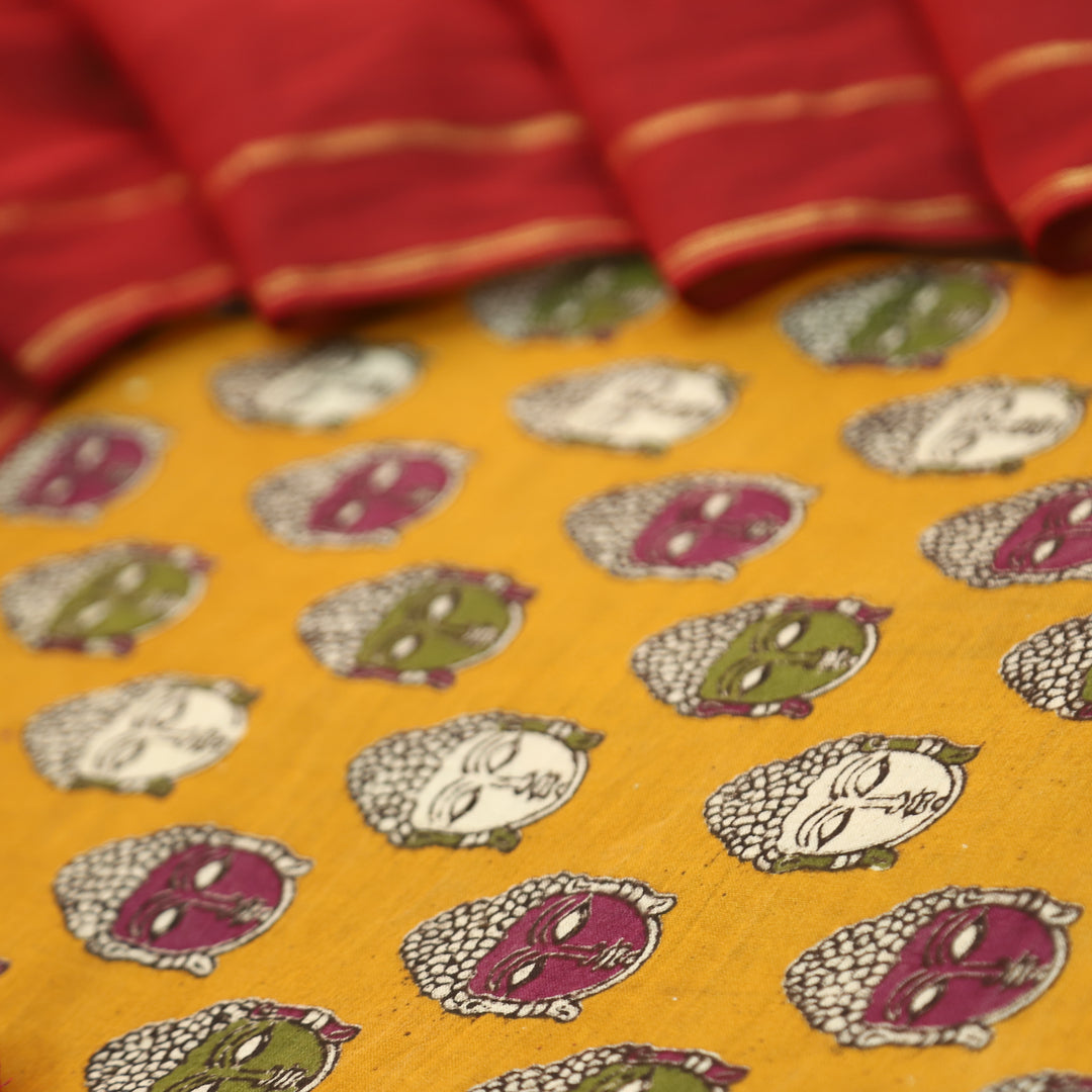 Vashudhara Dijon Yellow All Over Colorful Kalamkari Printed Work South Cotton Set