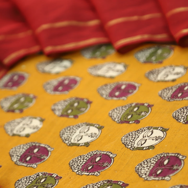 Vashudhara Dijon Yellow All Over Colorful Kalamkari Printed Work South Cotton Set