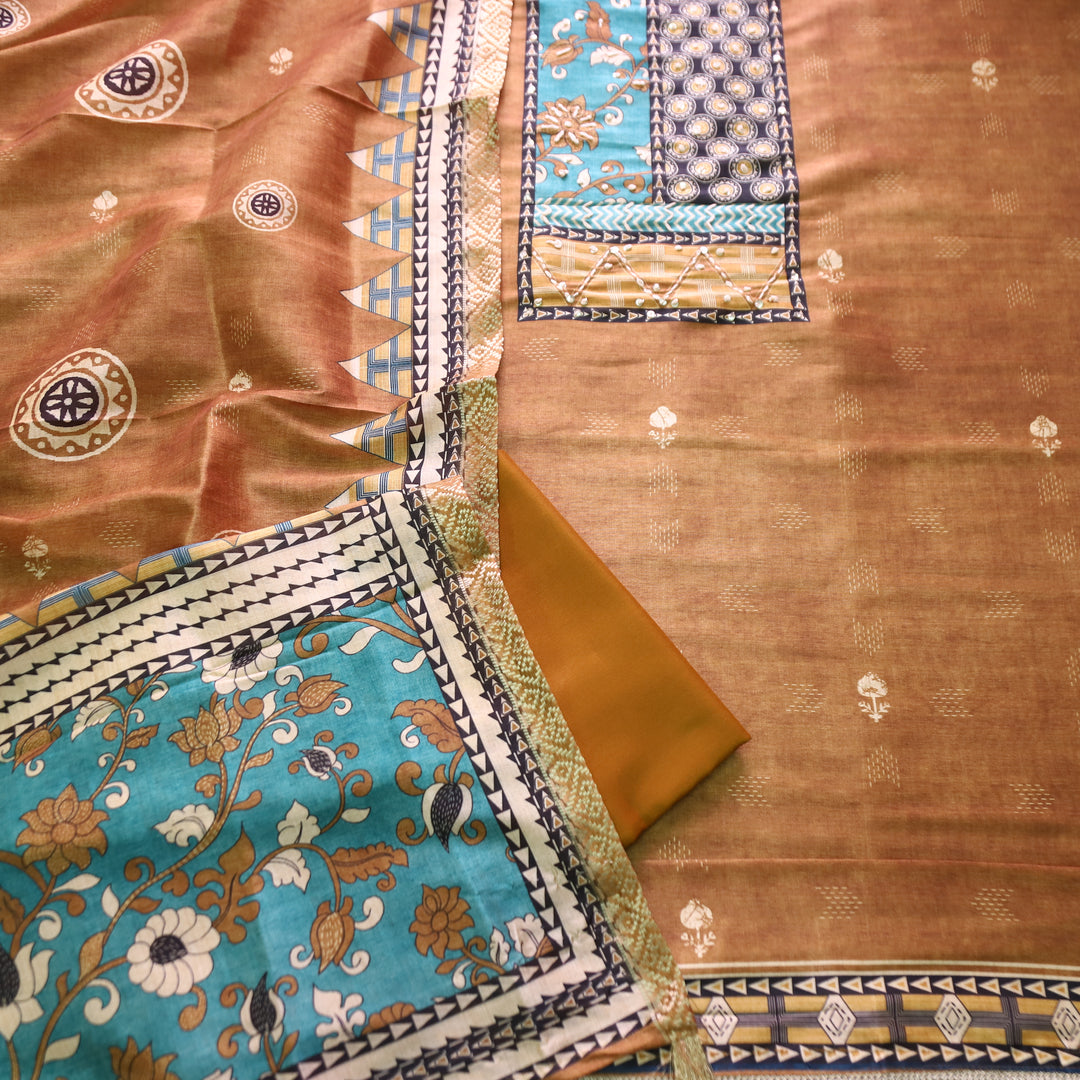 Alebli Peanut Brown Digital Printed Yoke with French Knot Work Art Chanderi Set