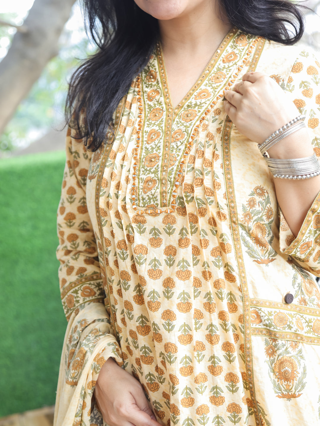 Bella Mustard Yellow Anarkali Cotton 3 Piece Set