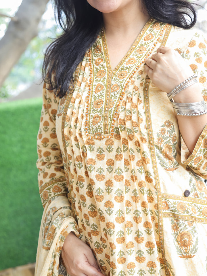 Bella Mustard Yellow Anarkali Cotton 3 Piece Set