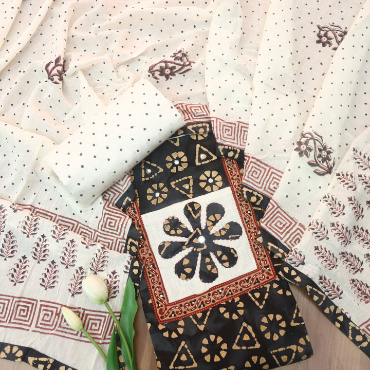 Sargoshi Ebony Black Applique Patch in Batik Printed Cotton Suit Set