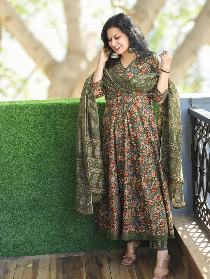 Rohini Grass Green V Neck Kalamkari Printed Anarkali Cotton 3 Piece Set