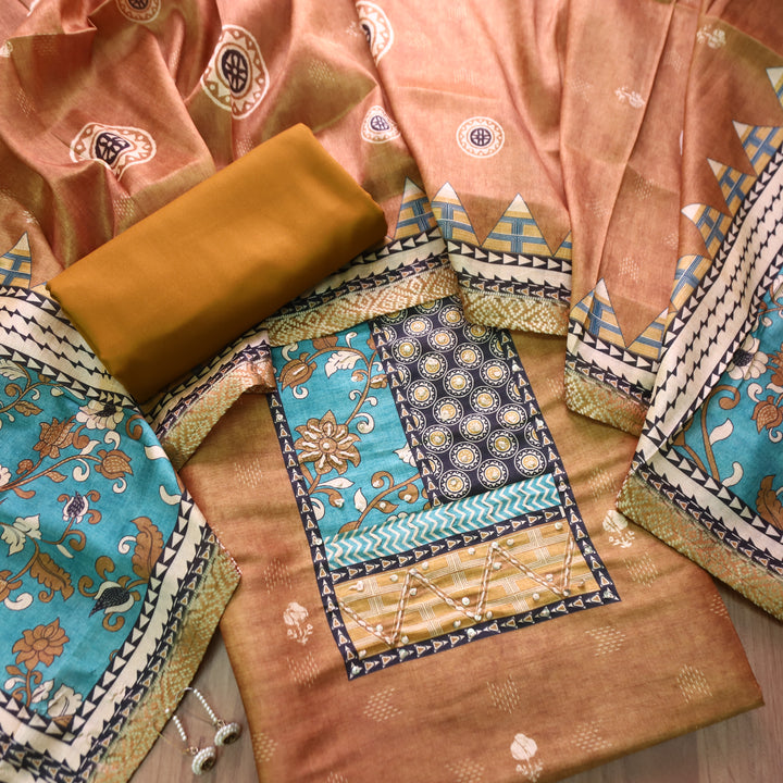 Alebli Peanut Brown Digital Printed Yoke with French Knot Work Art Chanderi Set