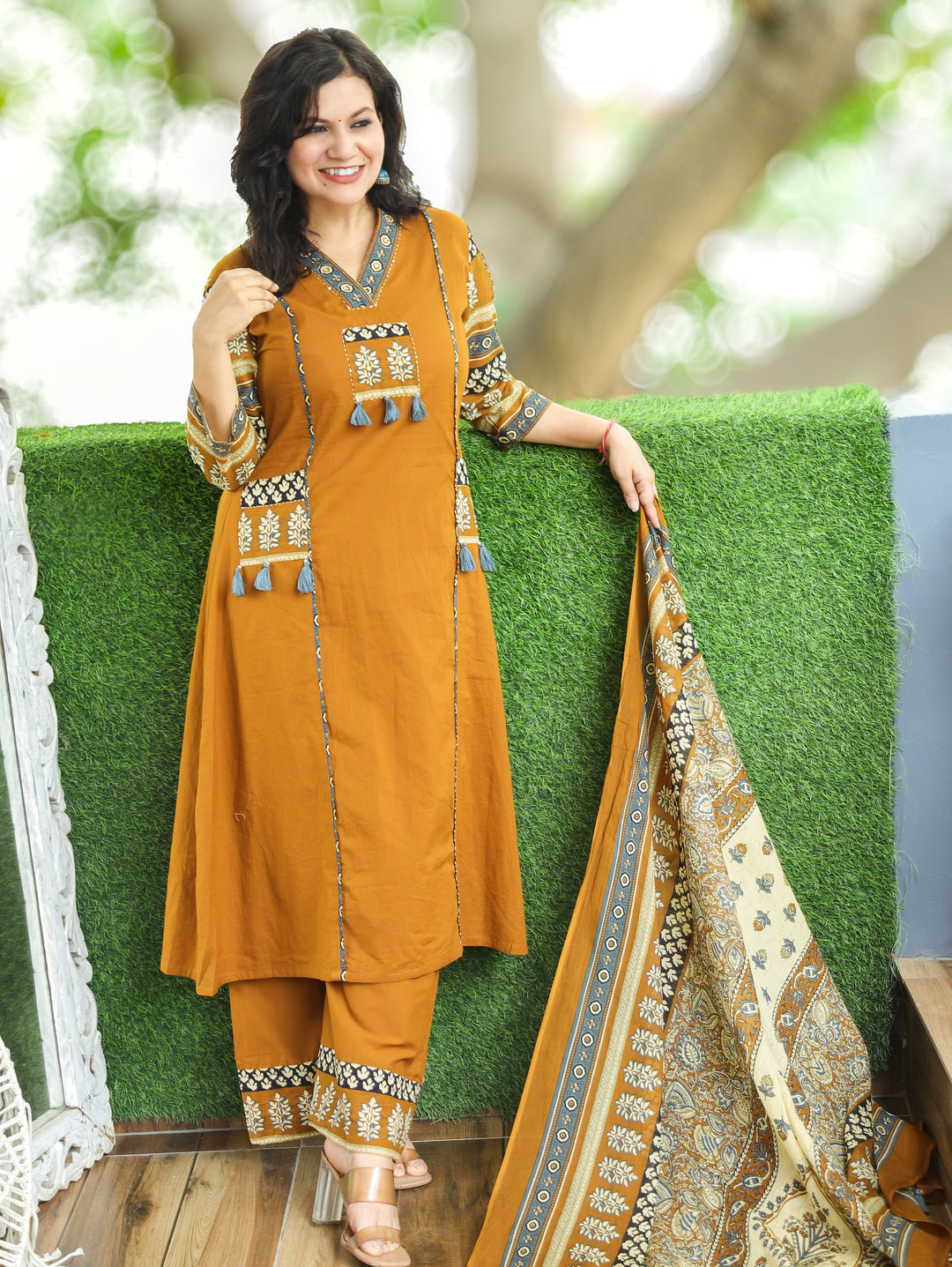 Rakshi Yellow V Neck Panel Style Cotton 3 Piece Set