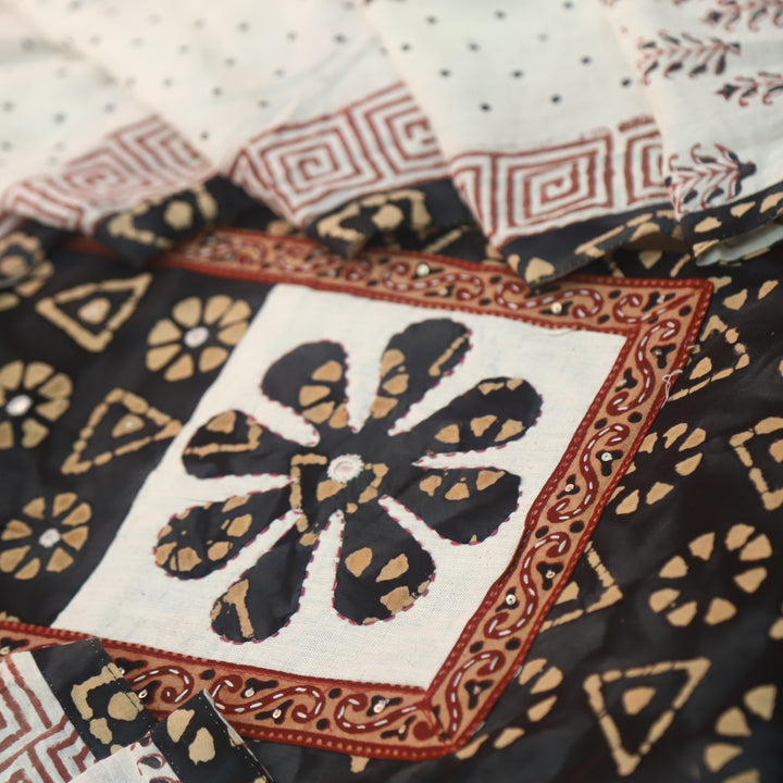 Sargoshi Ebony Black Applique Patch in Batik Printed Cotton Suit Set