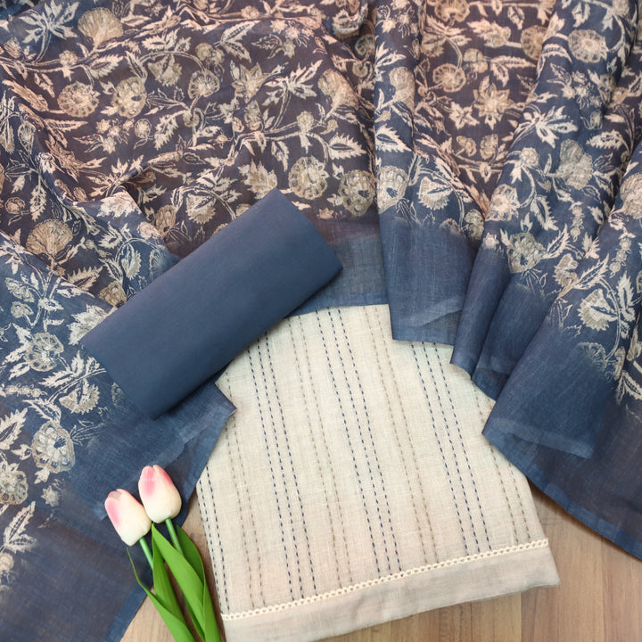 Ella Beige Running Thread Work Cotton Linen Set D2