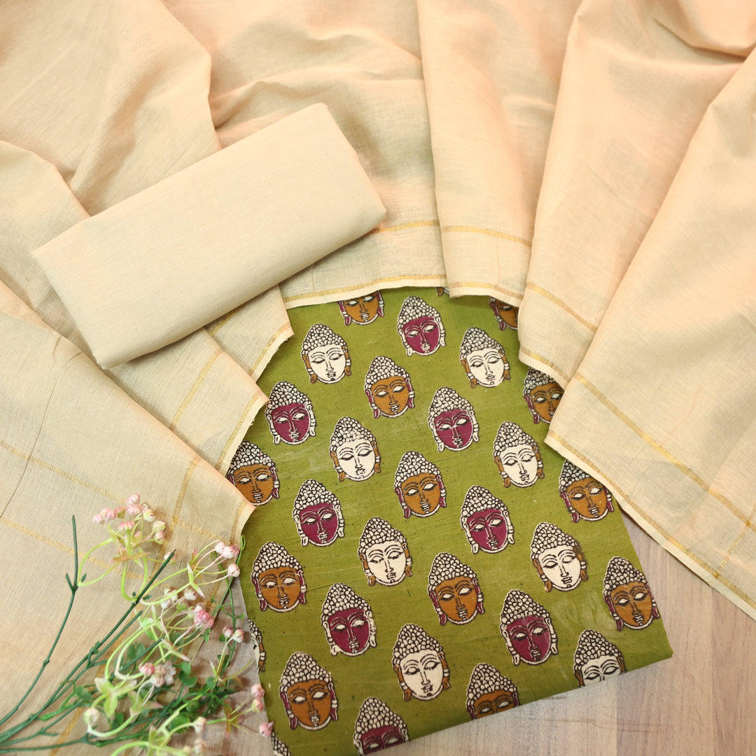Vashudhara Mehendi Green All Over Colorful Kalamkari Printed Work South Cotton Set