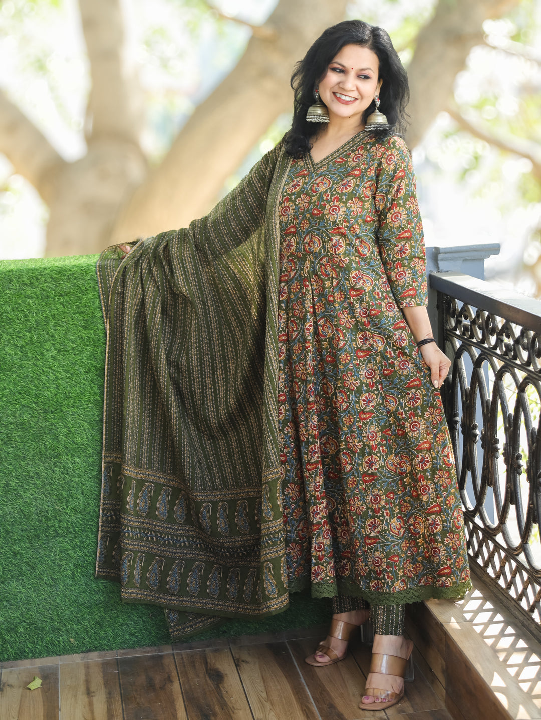 Rohini Grass Green V Neck Kalamkari Printed Anarkali Cotton 3 Piece Set