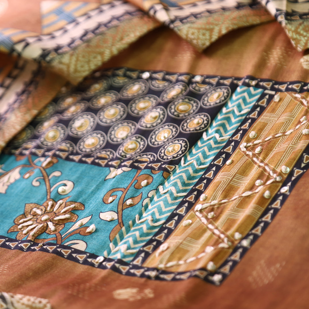 Alebli Peanut Brown Digital Printed Yoke with French Knot Work Art Chanderi Set