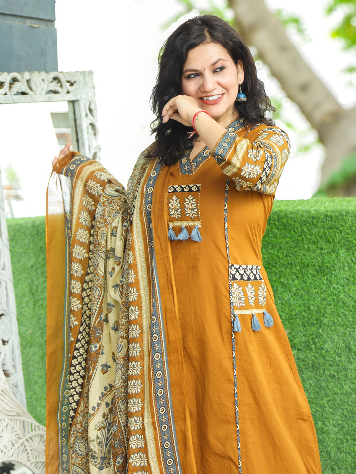 Rakshi Yellow V Neck Panel Style Cotton 3 Piece Set