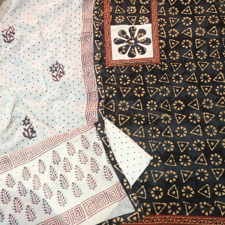 Sargoshi Ebony Black Applique Patch in Batik Printed Cotton Suit Set