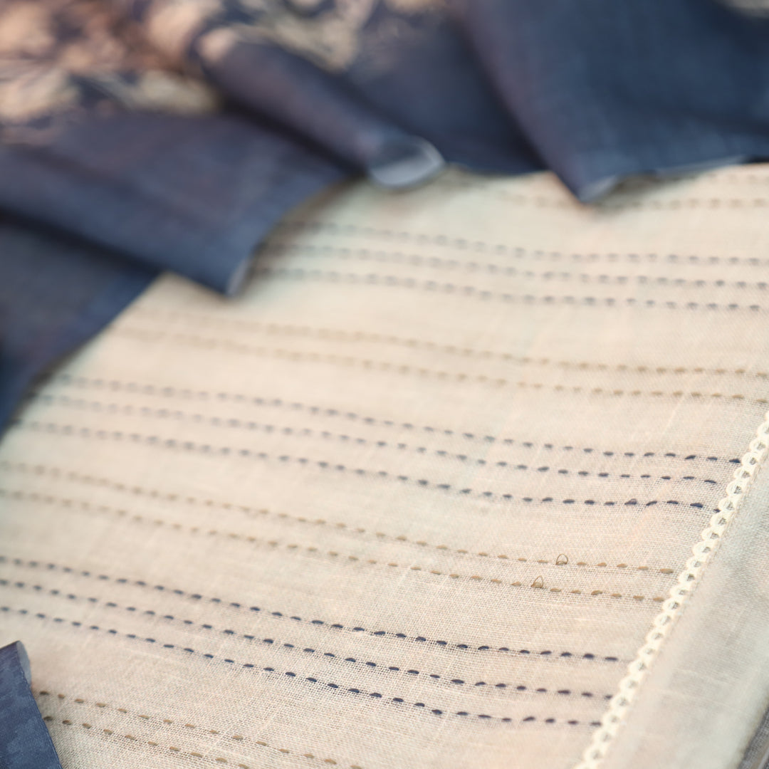Ella Beige Running Thread Work Cotton Linen Set D2