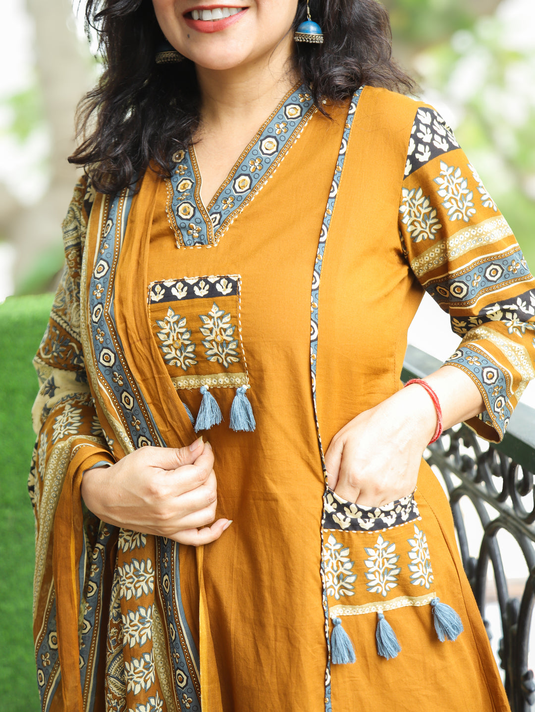 Rakshi Yellow V Neck Panel Style Cotton 3 Piece Set