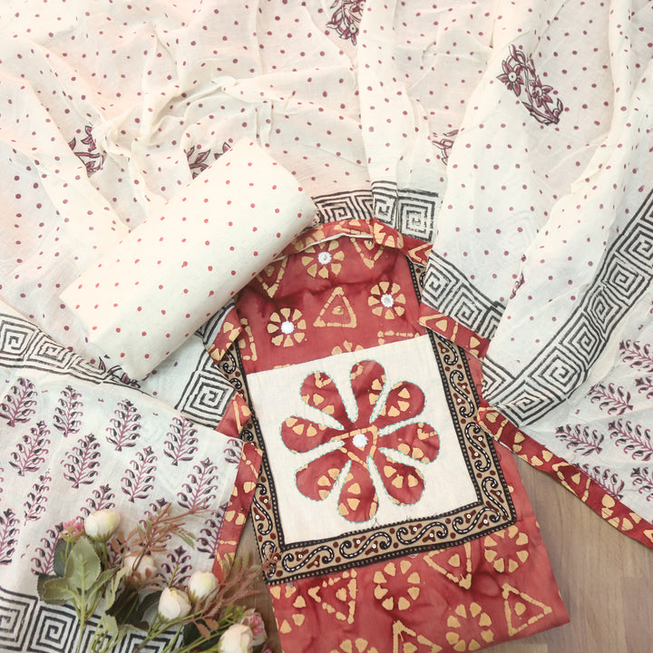 Sargoshi Coral Blush Applique Patch in Batik Printed Cotton Suit Set