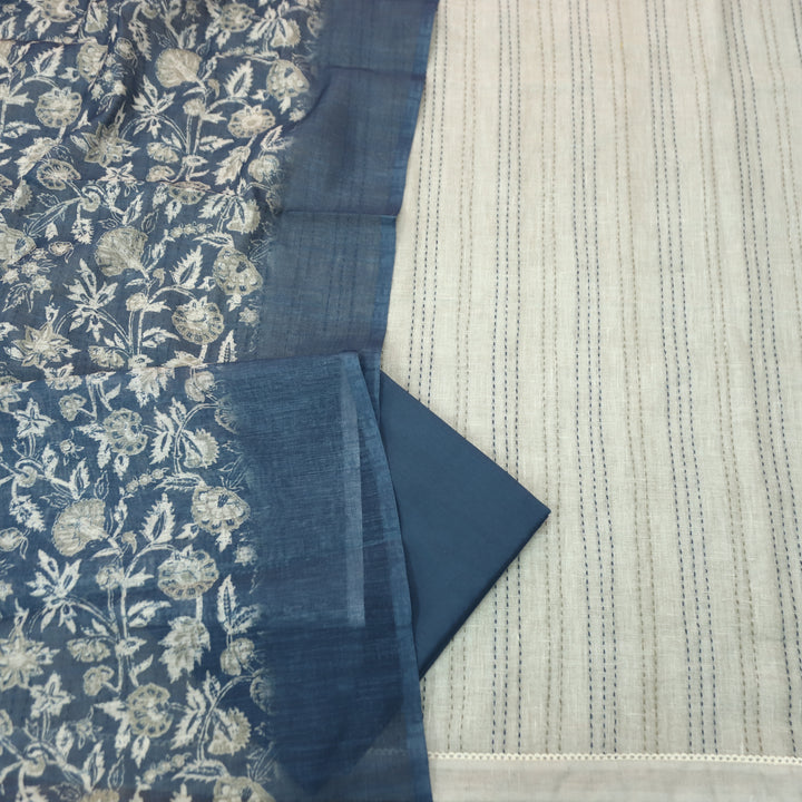 Ella Beige Running Thread Work Cotton Linen Set D2