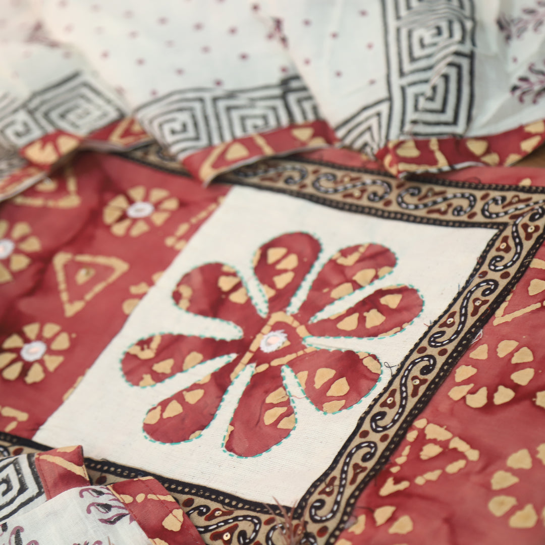 Sargoshi Coral Blush Applique Patch in Batik Printed Cotton Suit Set