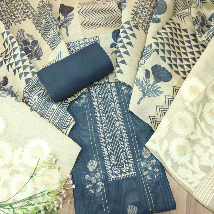 Ella Navy Blue Digital Printed Running Thread Work Chanderi Set D2