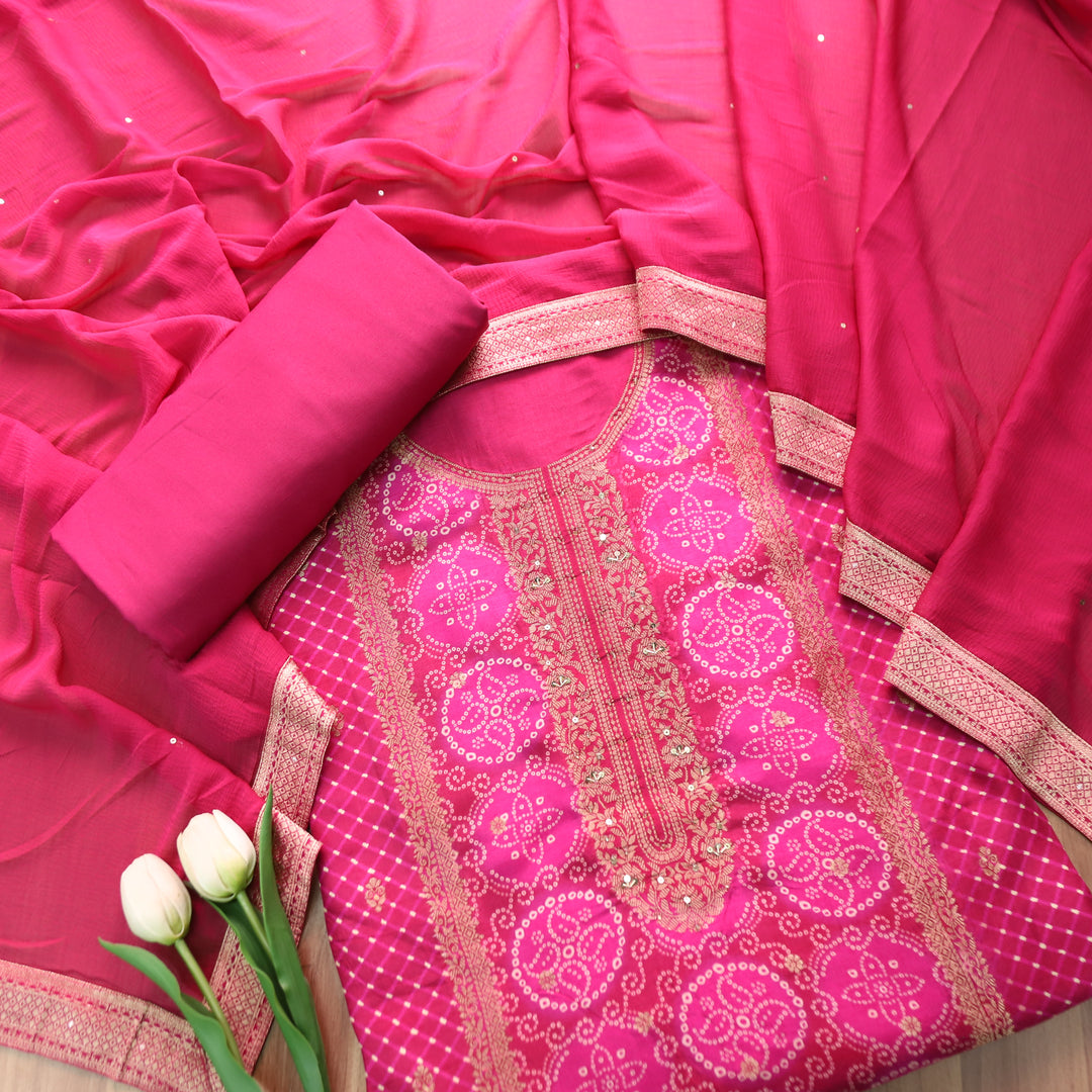 Noorani Magenta Pink Zari Weaved Panale Style Bandhai Print Muslin Set