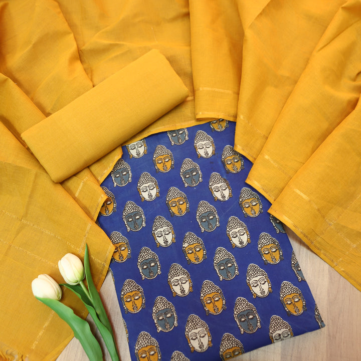 Vashudhara Royal Blue All Over Colorful Kalamkari Printed Work South Cotton Set