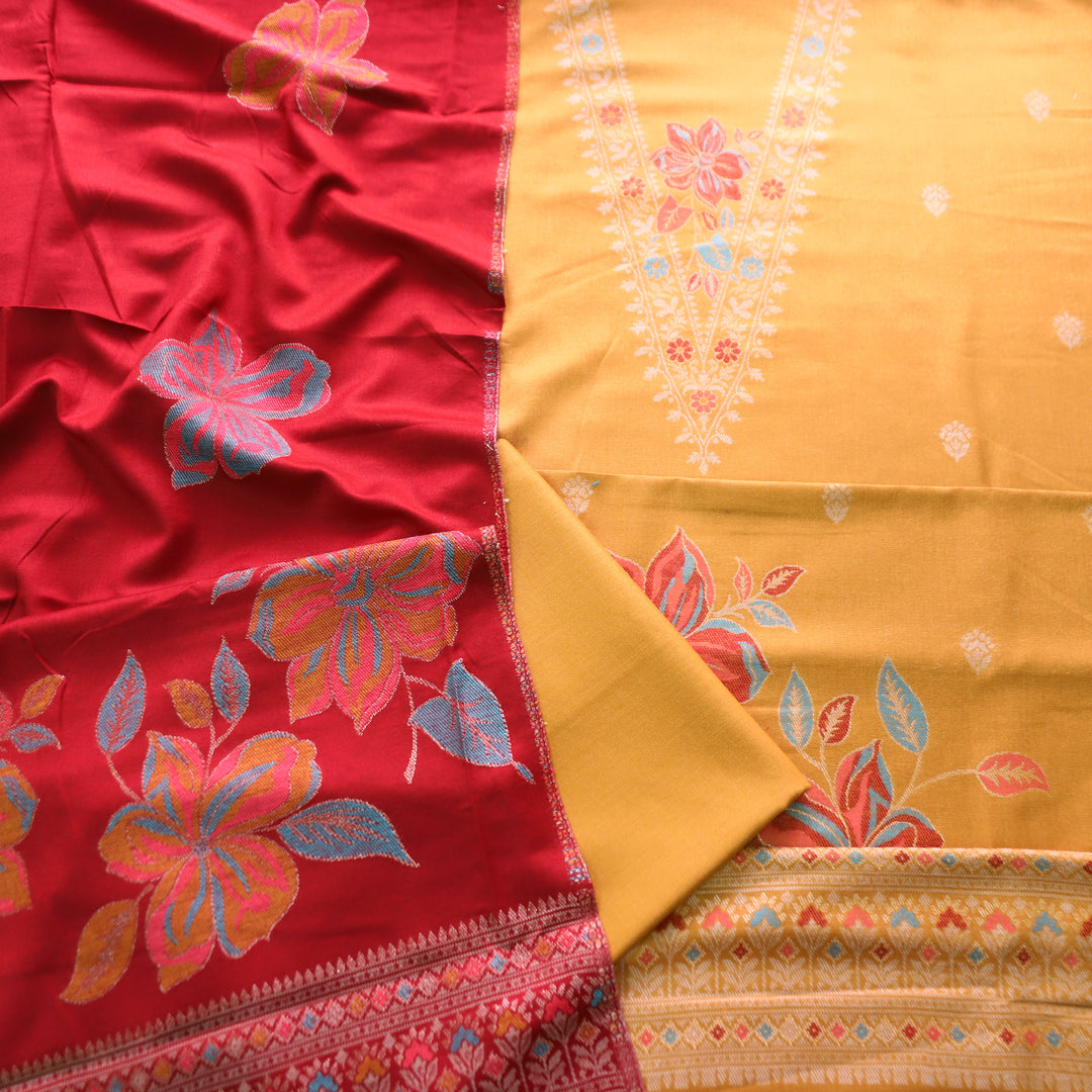 सिलसिला Canary Yellow Thread with Zari Neck Work Semi Pashmina Winter Suit Set