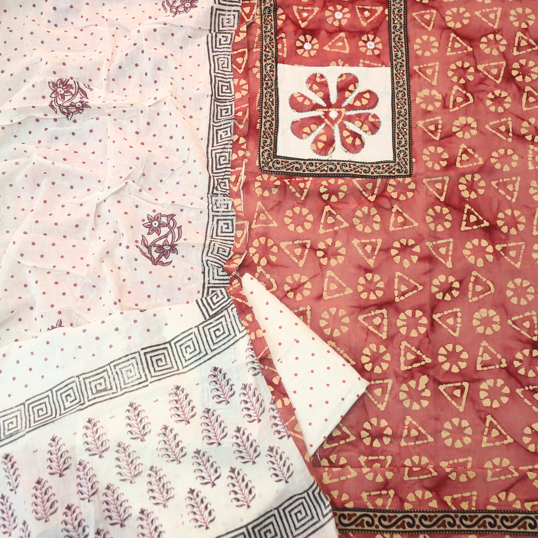 Sargoshi Coral Blush Applique Patch in Batik Printed Cotton Suit Set